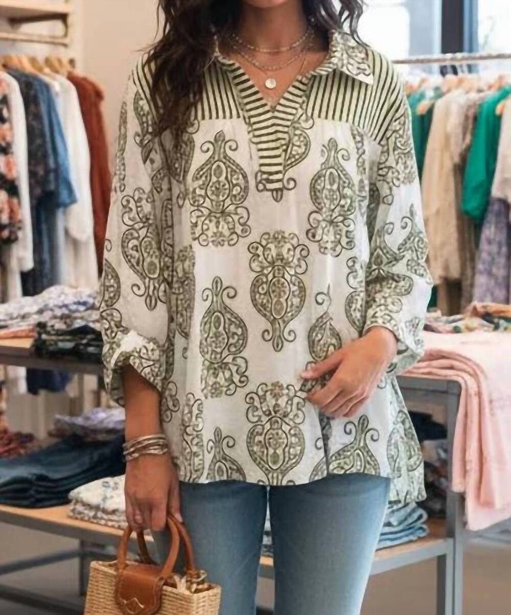 NEW SHE + SKY long sleeve woven print collared top in olive green